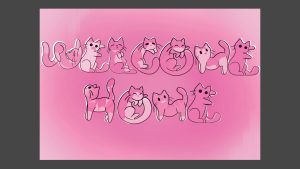 2026 calendar artwork, "Welcome Home" written using illustrated cats to create letters. 